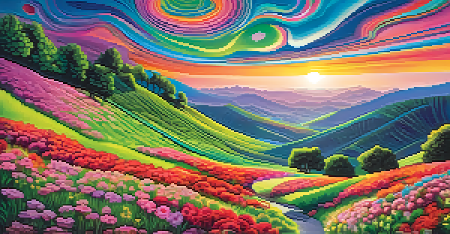A vibrant psychedelic landscape with swirling colors in the sky and abstract patterns over rolling hills.