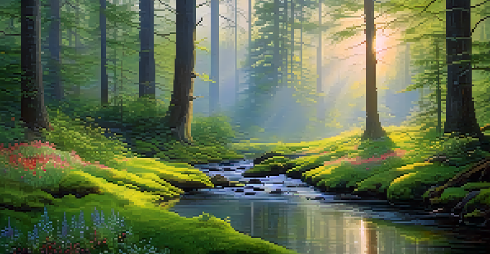 A peaceful forest at dawn with sunlight filtering through trees, green moss, and wildflowers, along a meandering stream.
