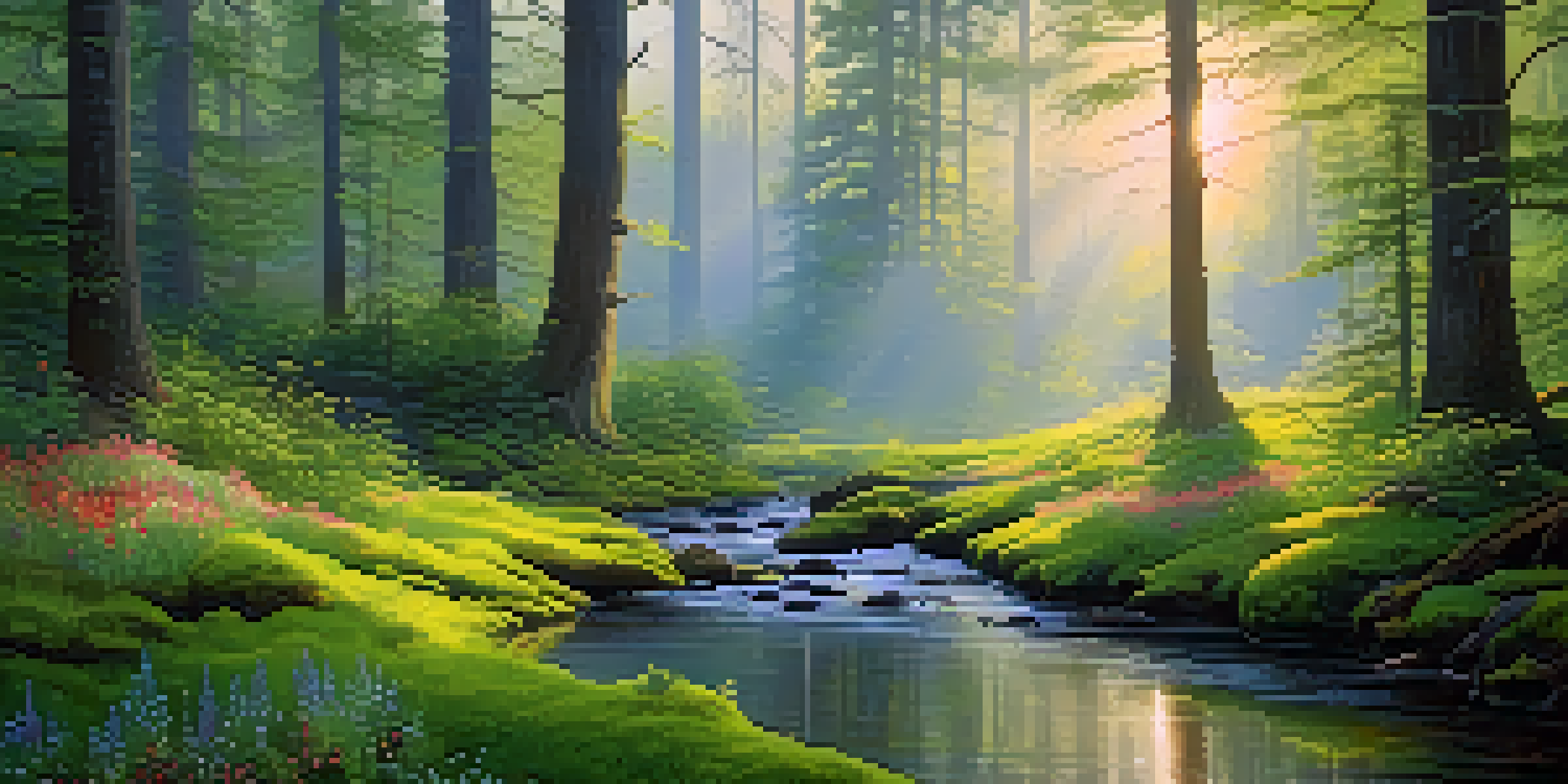 A peaceful forest at dawn with sunlight filtering through trees, green moss, and wildflowers, along a meandering stream.