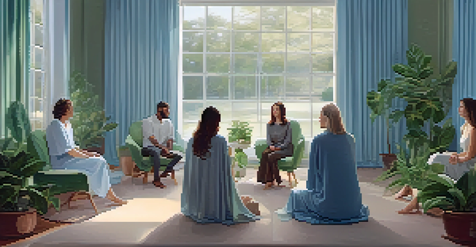 A group of individuals in a therapy session, sitting in a circle in a softly lit room, engaged in conversation.