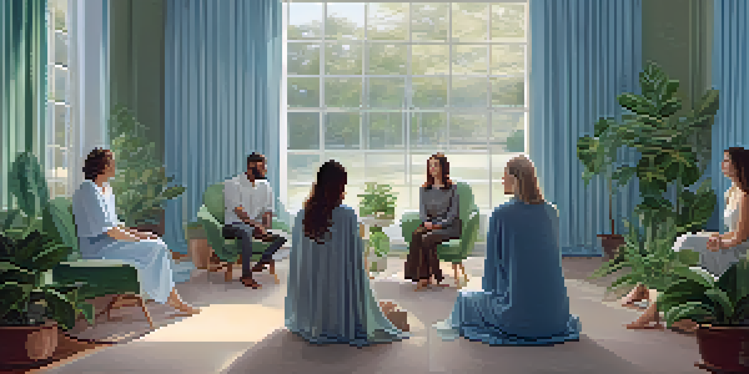 A group of individuals in a therapy session, sitting in a circle in a softly lit room, engaged in conversation.