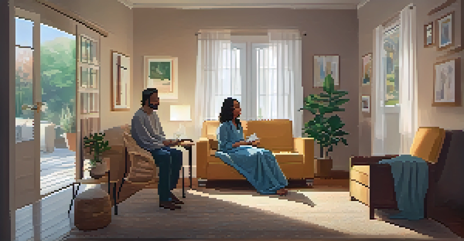 A cozy therapy room with soft lighting and a therapist engaging with a client.