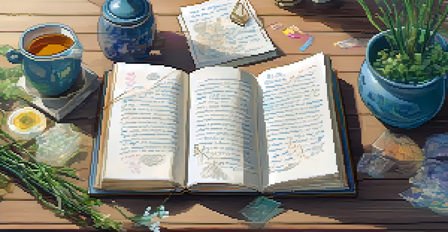 A close-up of an open journal with notes and sketches, alongside a cup of herbal tea on a wooden table.