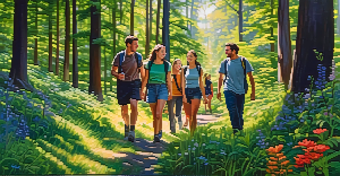 A group of friends hiking in a lush forest, smiling and conversing with sunlight filtering through the trees.
