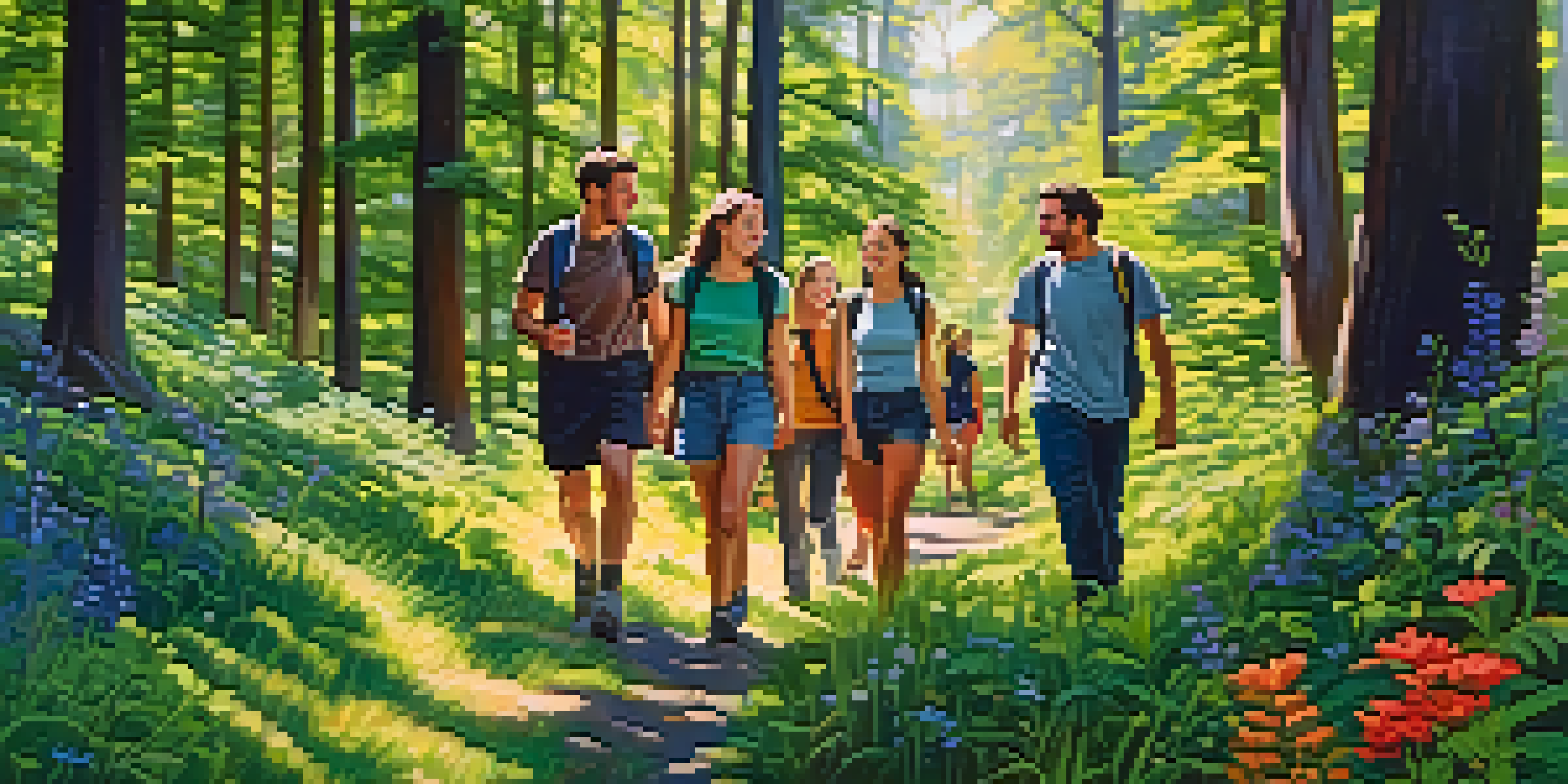 A group of friends hiking in a lush forest, smiling and conversing with sunlight filtering through the trees.