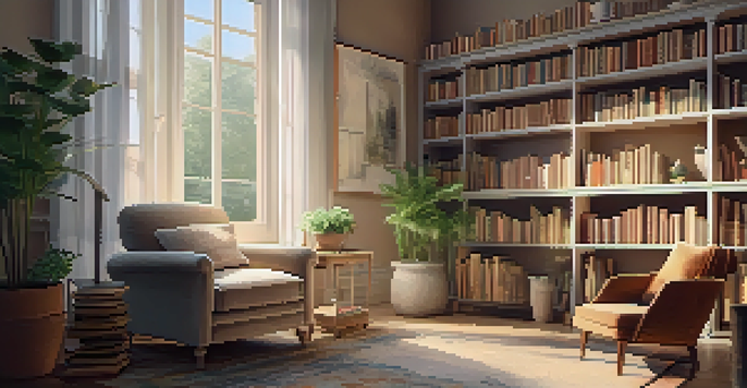 A cozy reading nook with an armchair, bookshelves, a cup of tea, and a plant, illuminated by soft natural light.