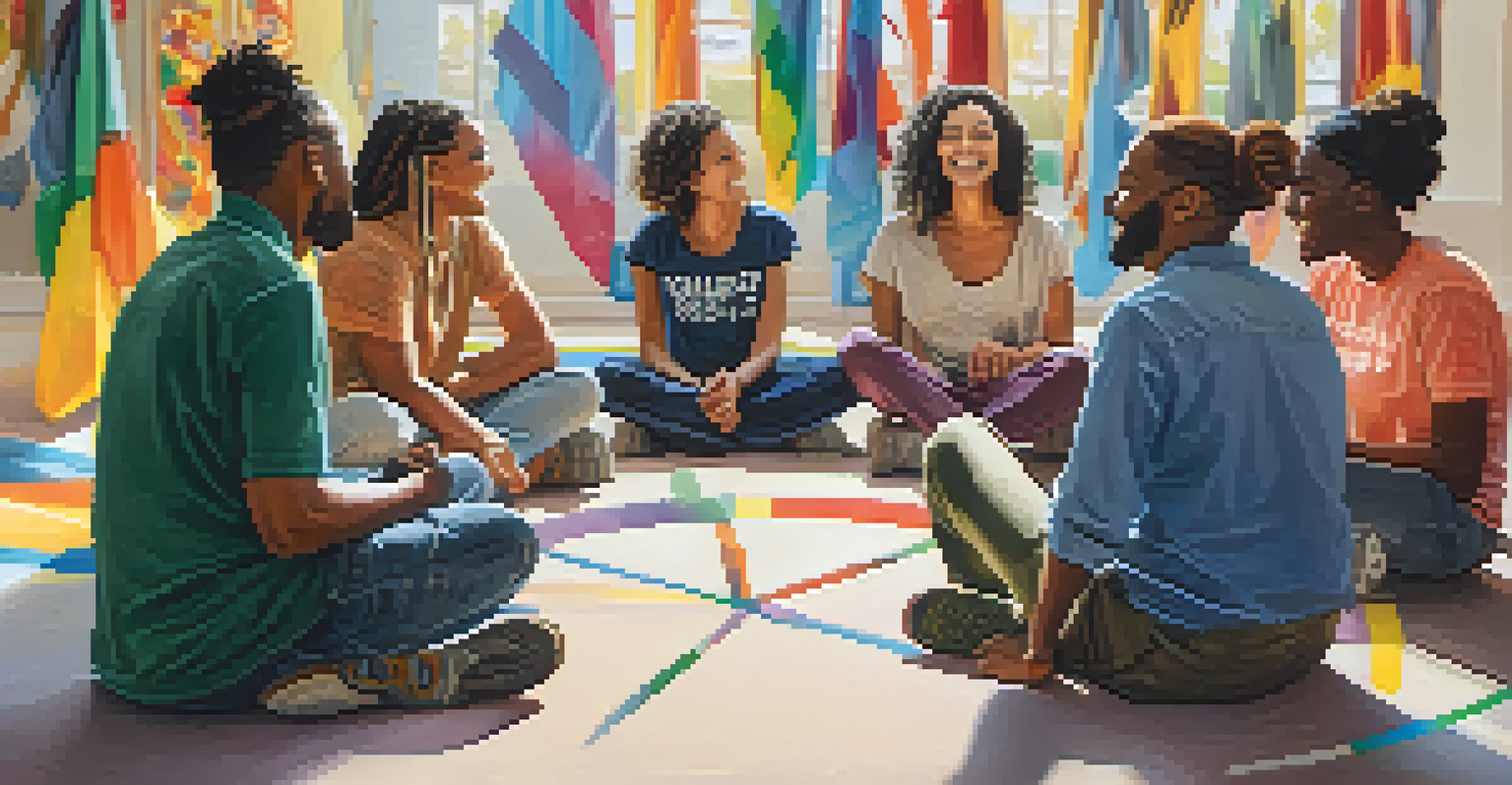A diverse group of individuals in a circle, sharing emotions and discussing mental health in a community center.
