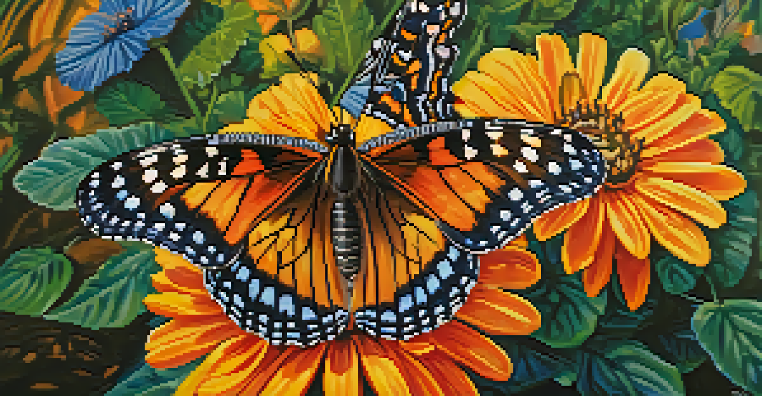 A detailed close-up of a colorful butterfly on a flower, surrounded by a soft-focus garden background.