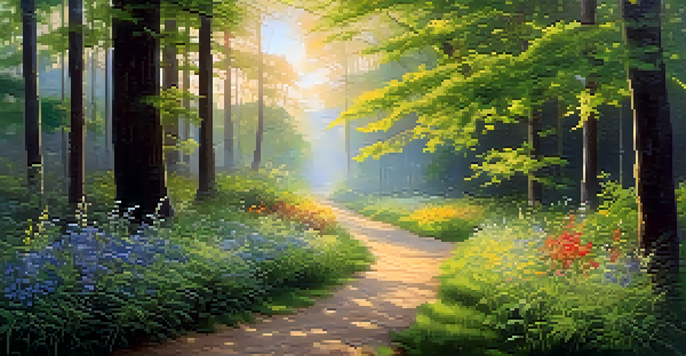 A peaceful forest path at dawn, with golden light and colorful wildflowers.