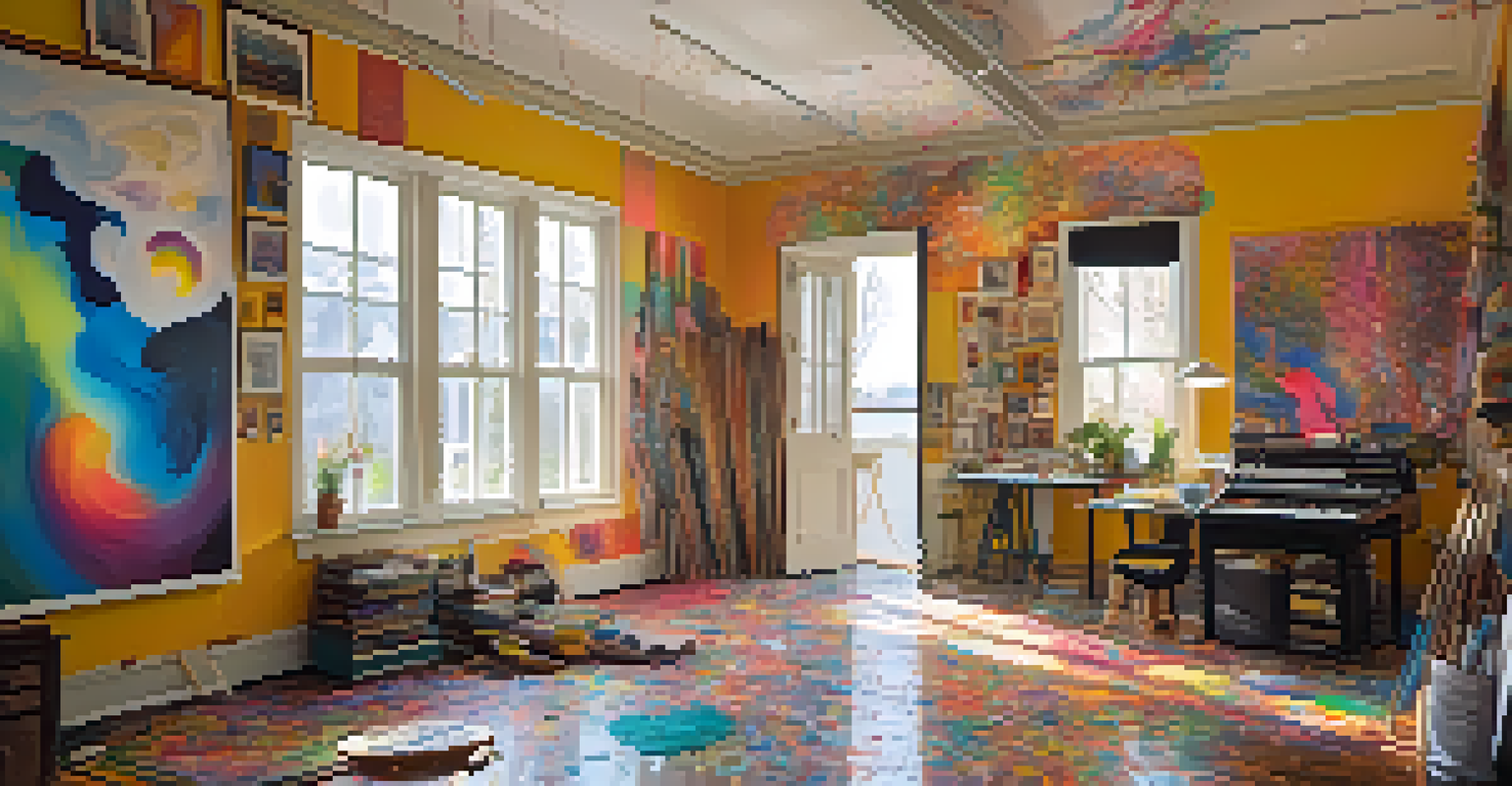 An artist's studio with colorful abstract paintings, intricate designs on the walls, and a large canvas in the center, illuminated by soft natural light.