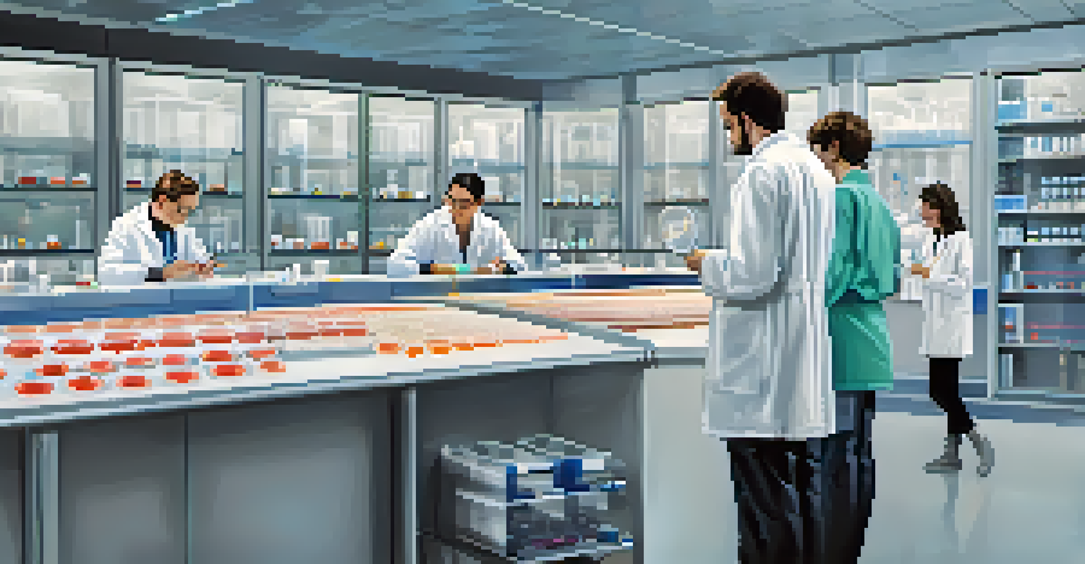 Researchers in a lab examining petri dishes with charts of cytokine interactions visible in the background.