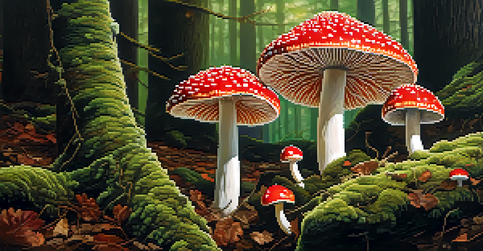 Close-up of Amanita muscaria mushrooms in a forest, with red caps and white spots, surrounded by green moss and soft sunlight filtering through the trees.