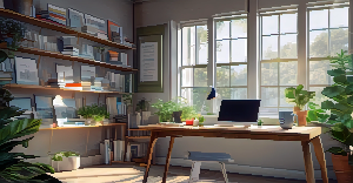A modern desk setup with a laptop, notebooks, and coffee, illuminated by morning light from a window.