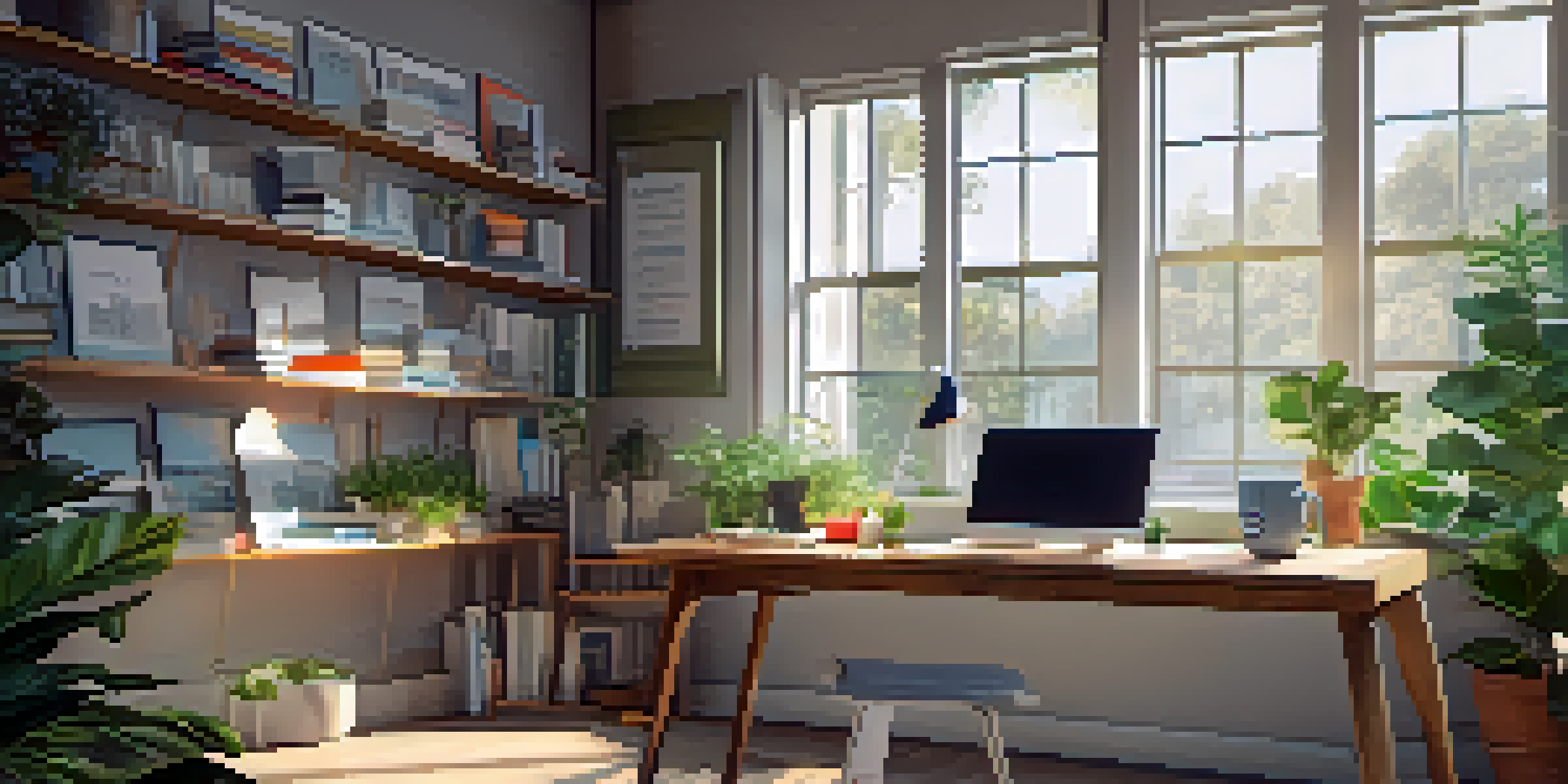 A modern desk setup with a laptop, notebooks, and coffee, illuminated by morning light from a window.