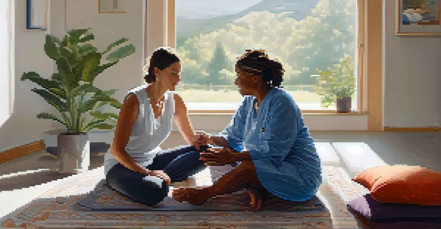 A therapist and patient in a supportive circle, surrounded by cushions and soft rugs, engaged in a reflective session.
