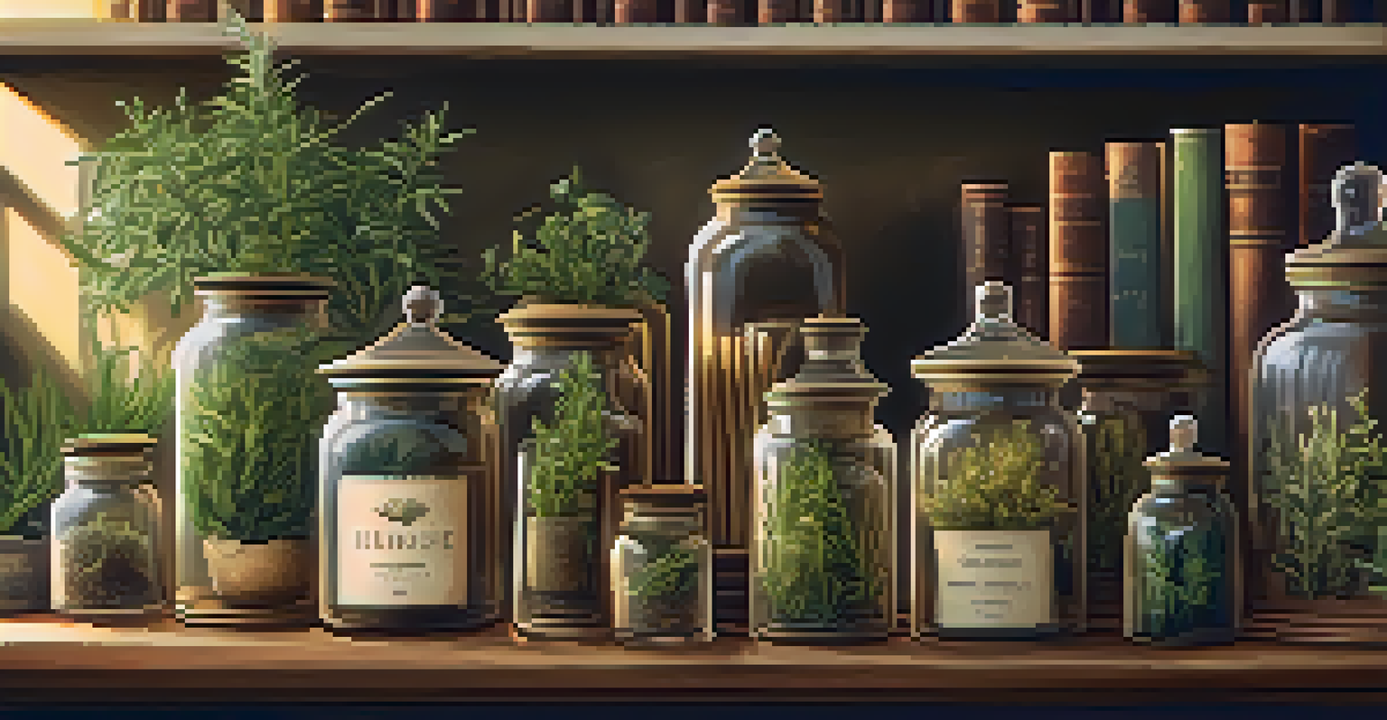 An apothecary shelf with jars of herbs and plants, illuminated by warm light, surrounded by books and tools, conveying a sense of natural healing.