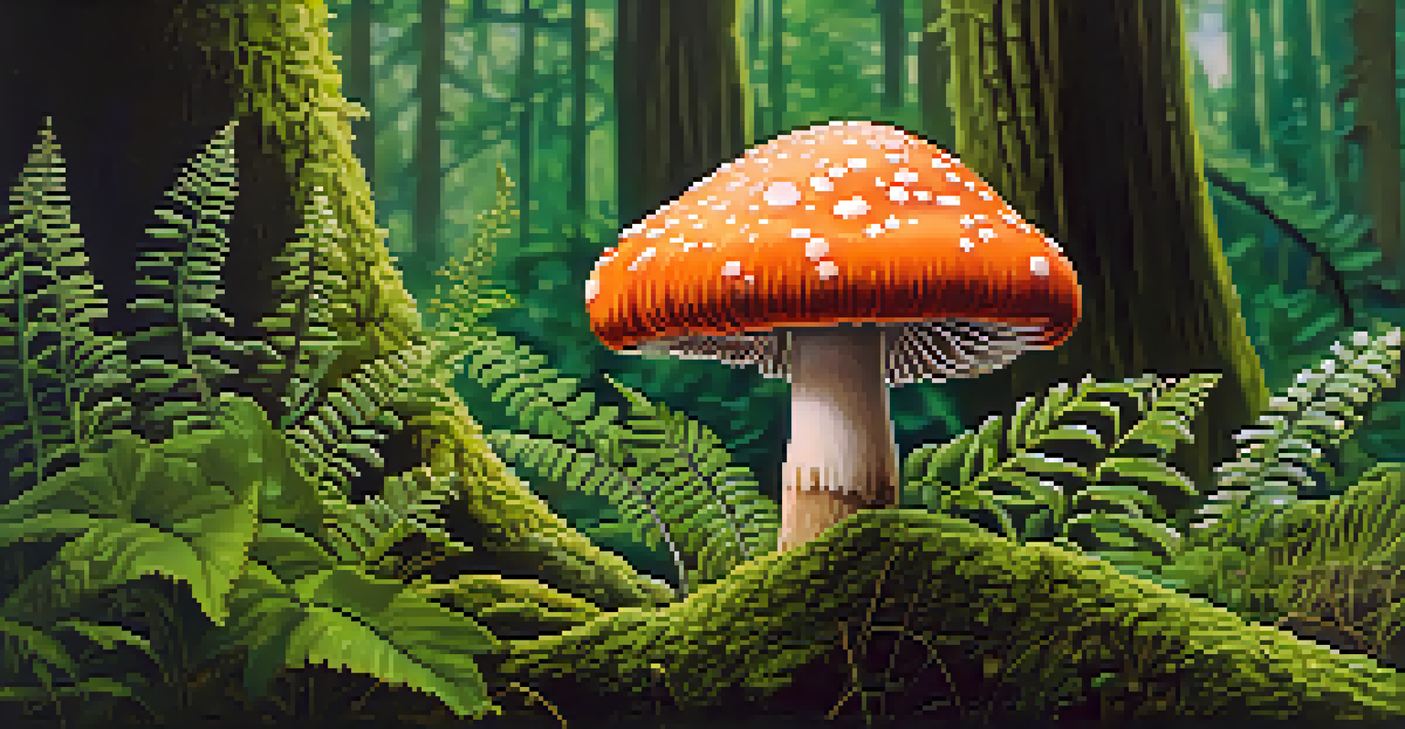 A close-up view of a colorful magic mushroom surrounded by lush green moss and ferns.