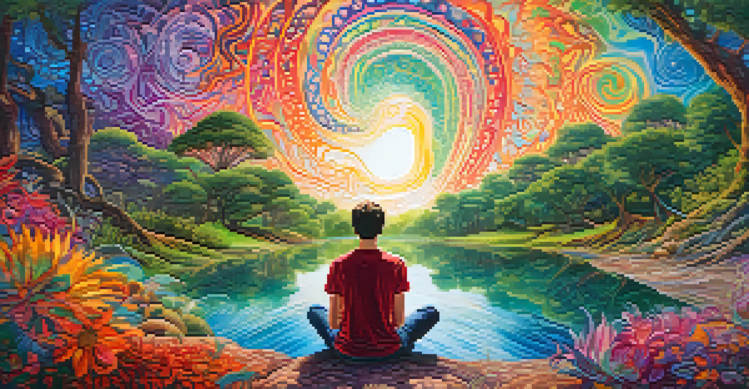 A person sitting in nature with colorful psychedelic patterns around their head, symbolizing self-discovery and acceptance of gender fluidity.