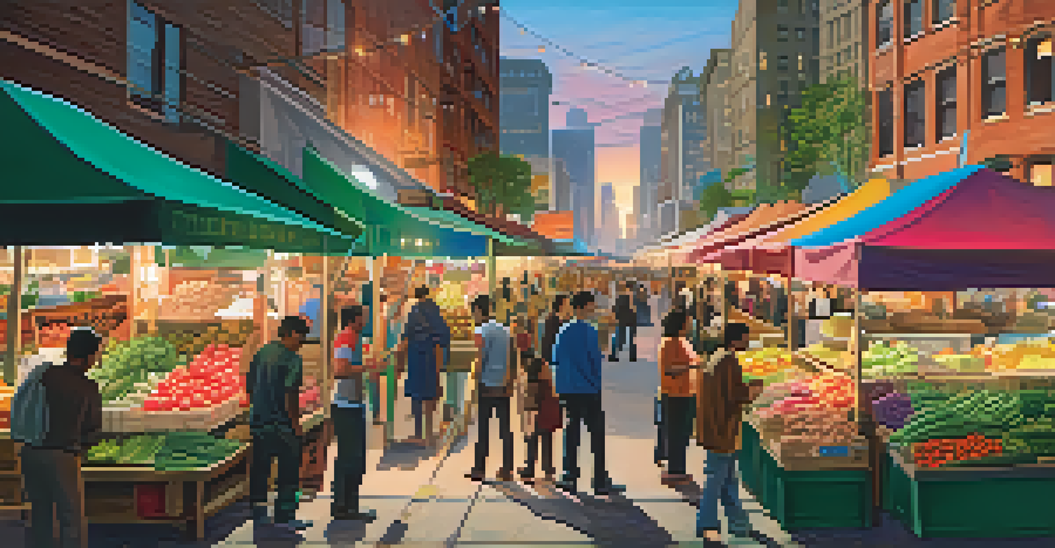 A lively city skyline at dusk with illuminated buildings and a street market bustling with people and colorful stalls.