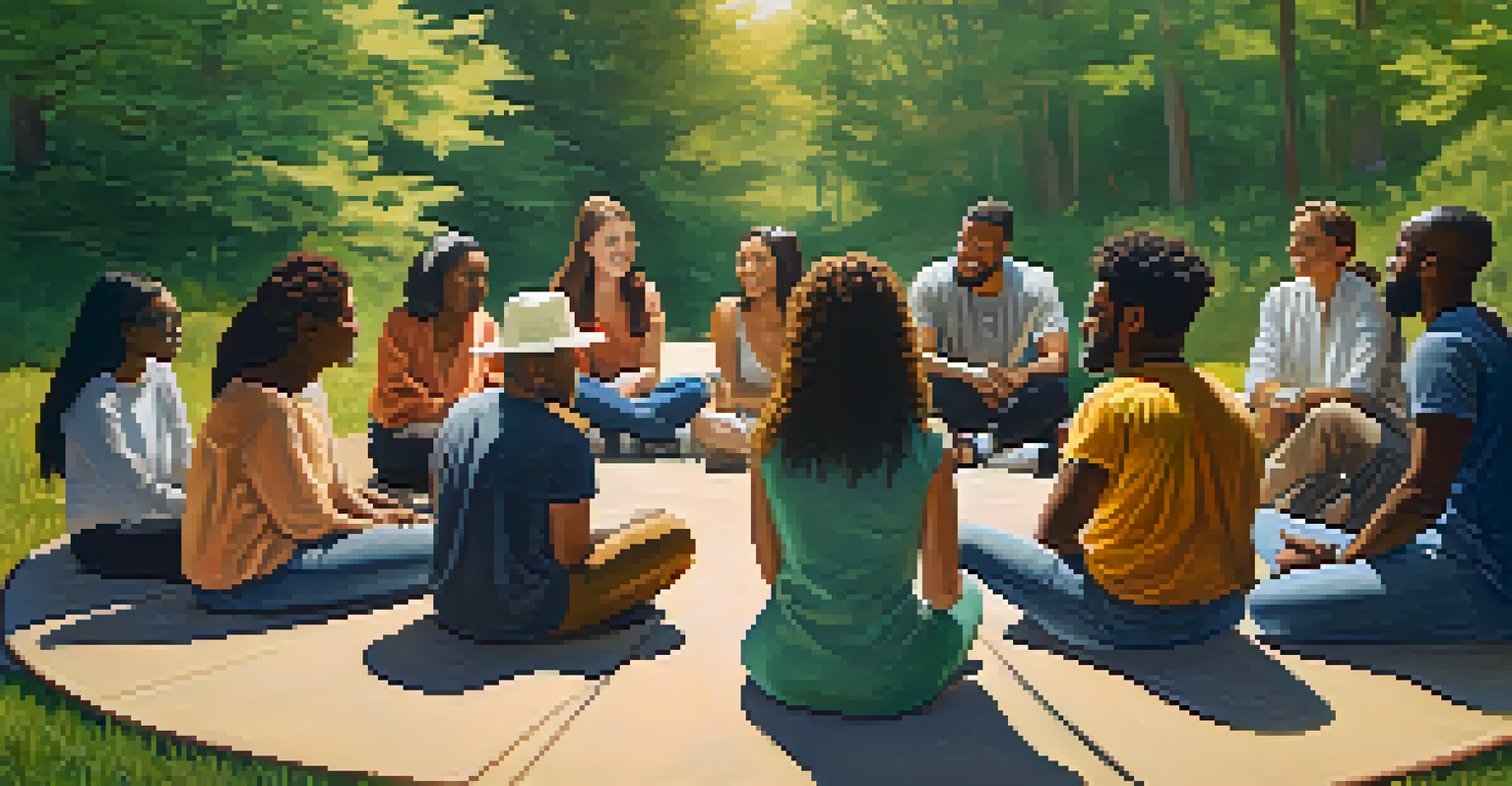A diverse group of people sitting in a circle outdoors, discussing mental health in a warm atmosphere.