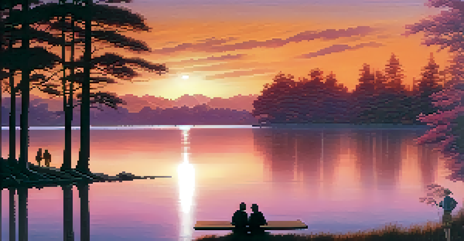 A beautiful sunset over a calm lake with silhouettes of people reflecting together, surrounded by trees.