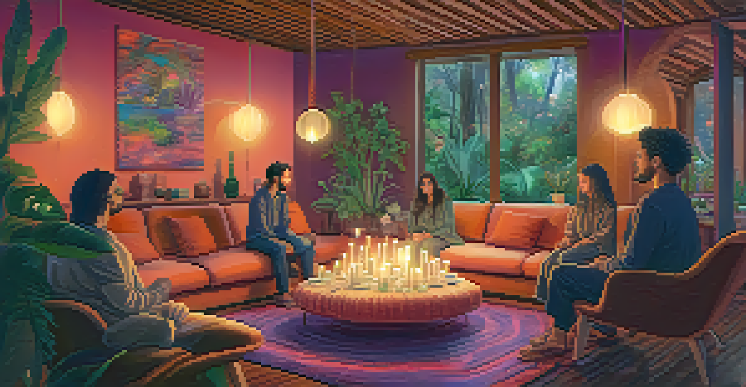 A cozy room with warm lighting where people are discussing their experiences during a psychedelic retreat.