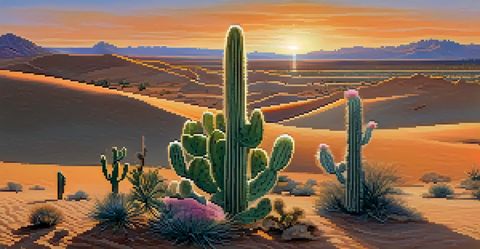 A tranquil desert scene at sunrise with a peyote cactus in the foreground, illuminated by soft golden light.