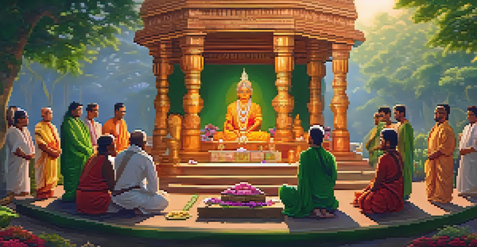 A group of ancient practitioners in traditional attire performing a Vedic ritual around a decorated altar, with warm golden light and lush greenery.