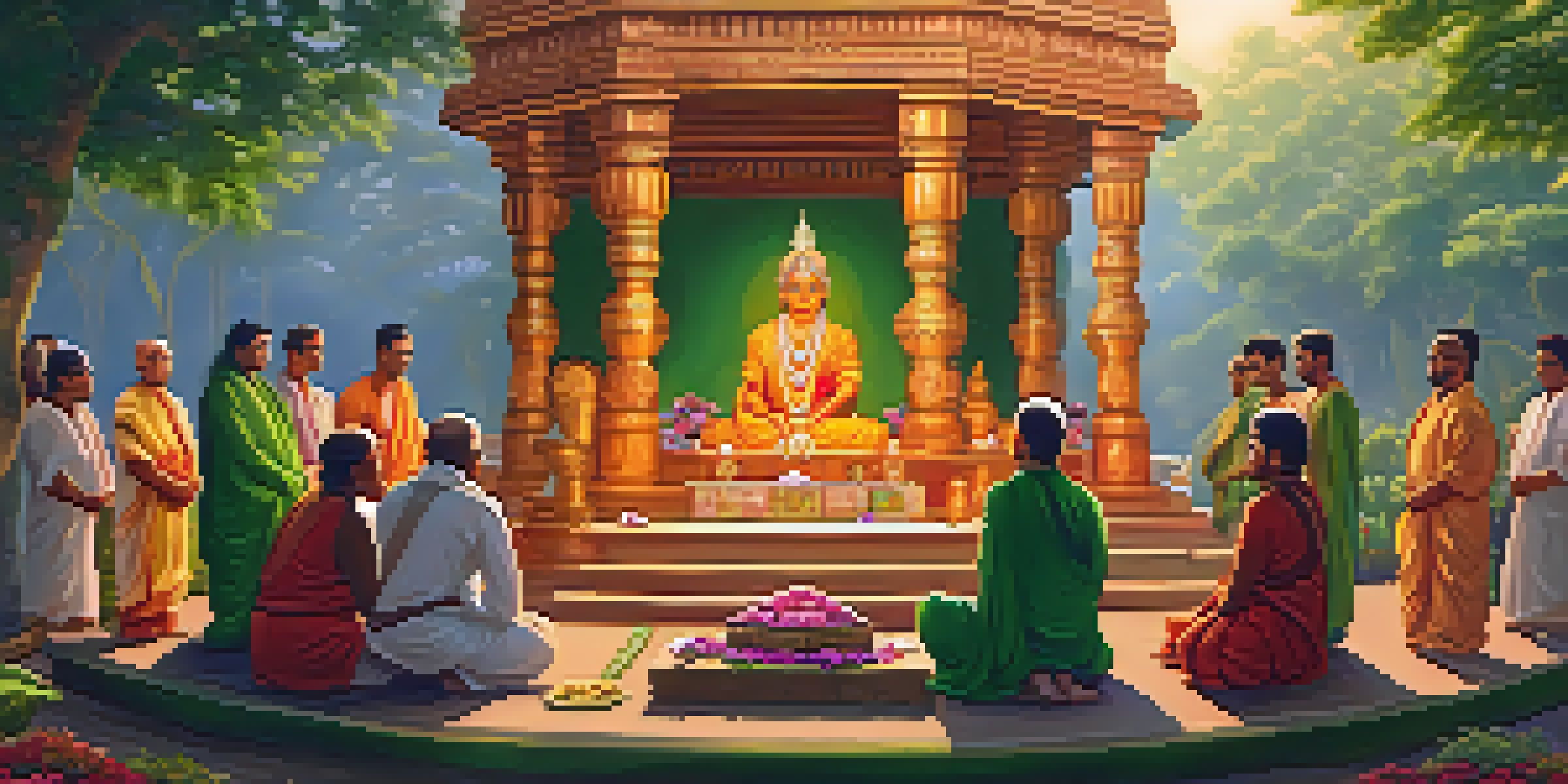 A group of ancient practitioners in traditional attire performing a Vedic ritual around a decorated altar, with warm golden light and lush greenery.
