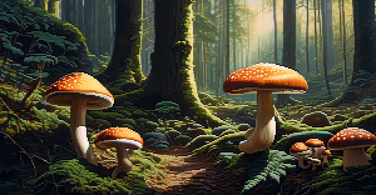 A close-up view of psilocybin mushrooms in a forest, showing their caps and gills, with sunlight filtering through trees and highlighting earthy tones.