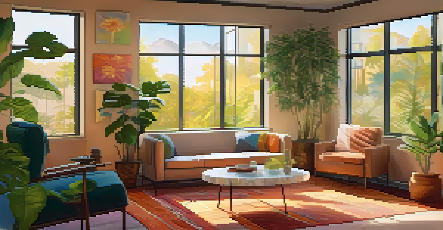 A cozy therapist's office designed for psychedelic therapy, with warm lighting and plants.