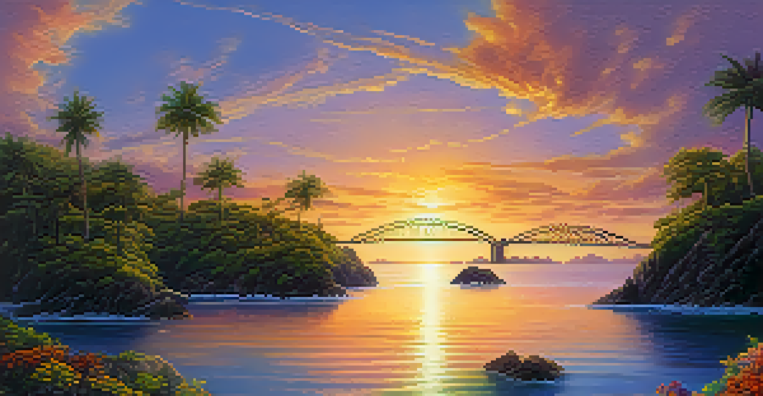 A visual metaphor of two islands connected by a bridge of light, symbolizing interconnectedness.