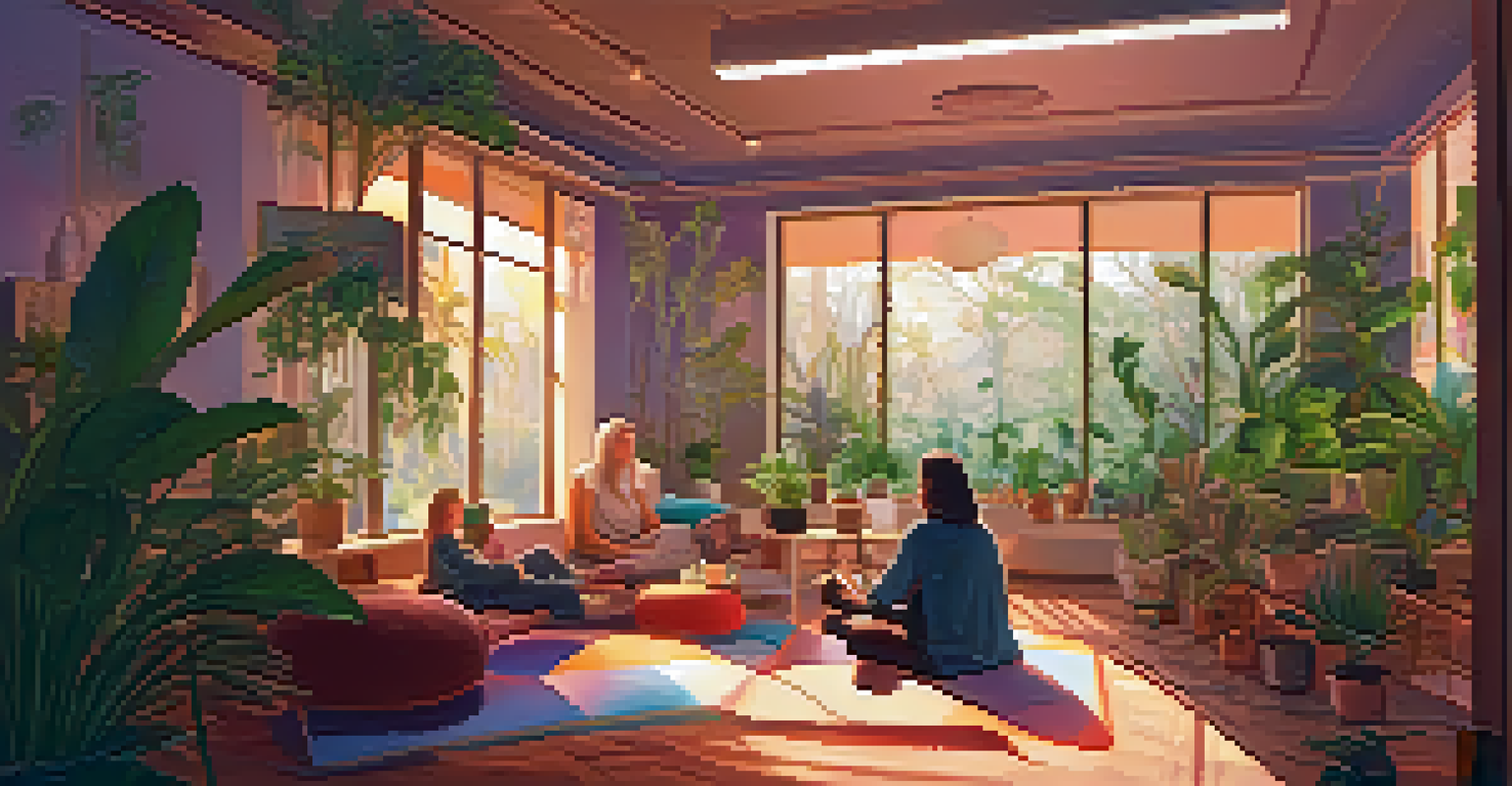 A cozy therapeutic room with a participant undergoing a psychedelic session, guided by a facilitator, surrounded by calming decor.
