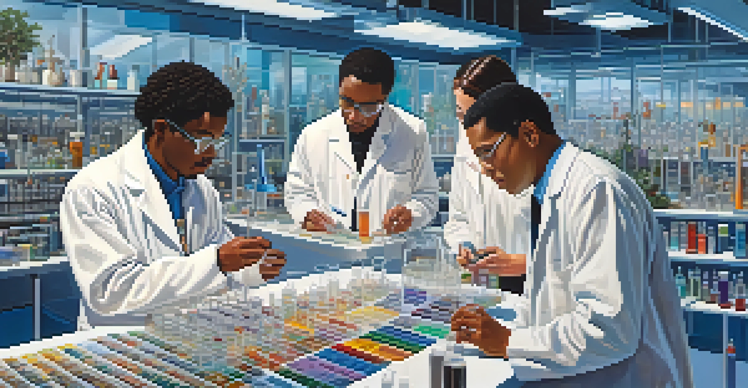 A diverse group of researchers in a lab, discussing hallucinogen research, surrounded by scientific equipment and charts.