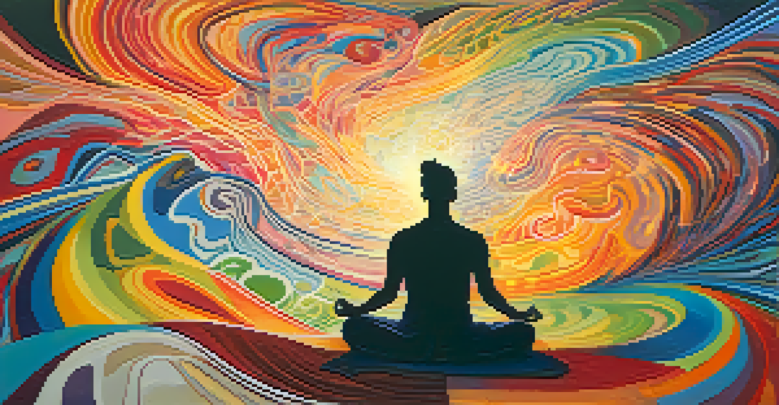 An abstract image showing a silhouette in meditation with colorful patterns representing emotional breakthroughs.