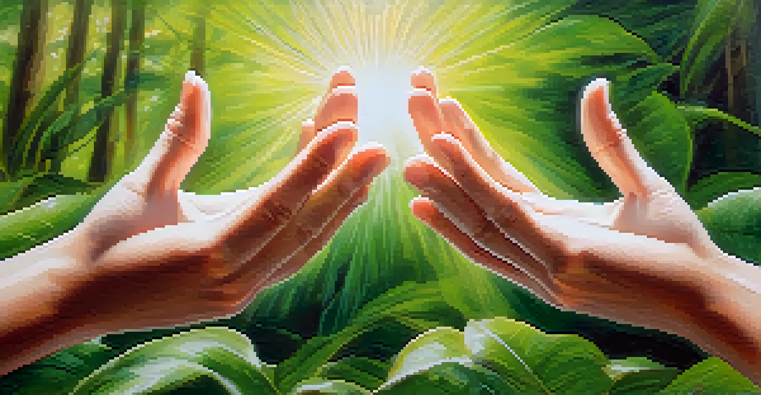 Close-up of hands in a meditative pose practicing deep breathing, with a blurred background of leaves and sunlight.