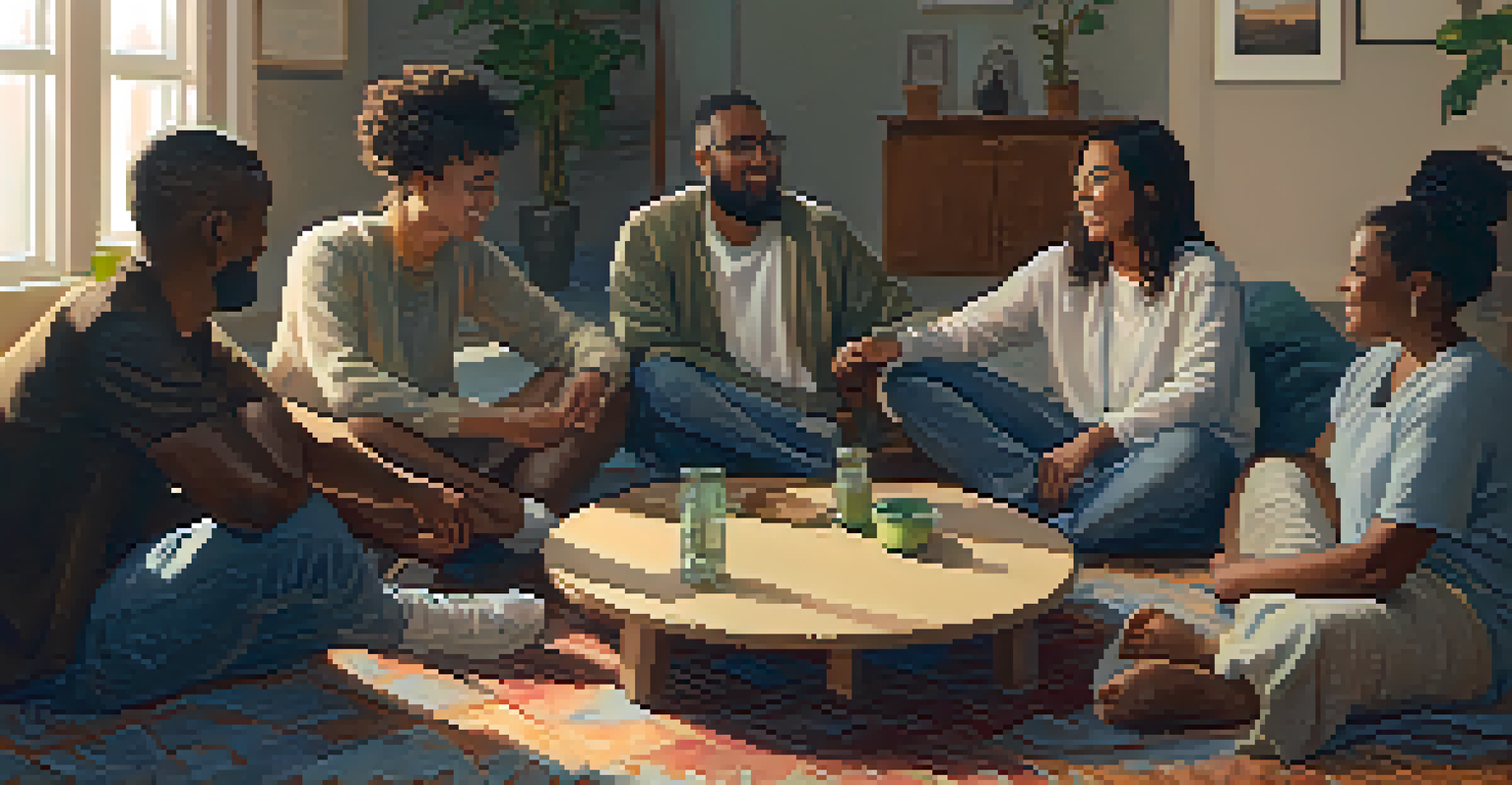 A diverse group of people sitting in a circle in a warmly lit room, engaged in a supportive discussion.