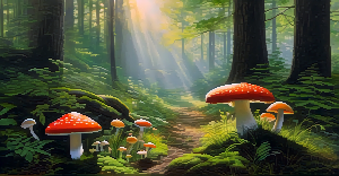 A peaceful forest at dawn with sunlight streaming through trees, colorful mushrooms in the foreground, and mist on the ground.