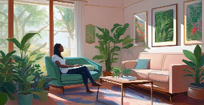 A therapy room with a couch, plants, and two people engaged in conversation, emphasizing trust in therapy.