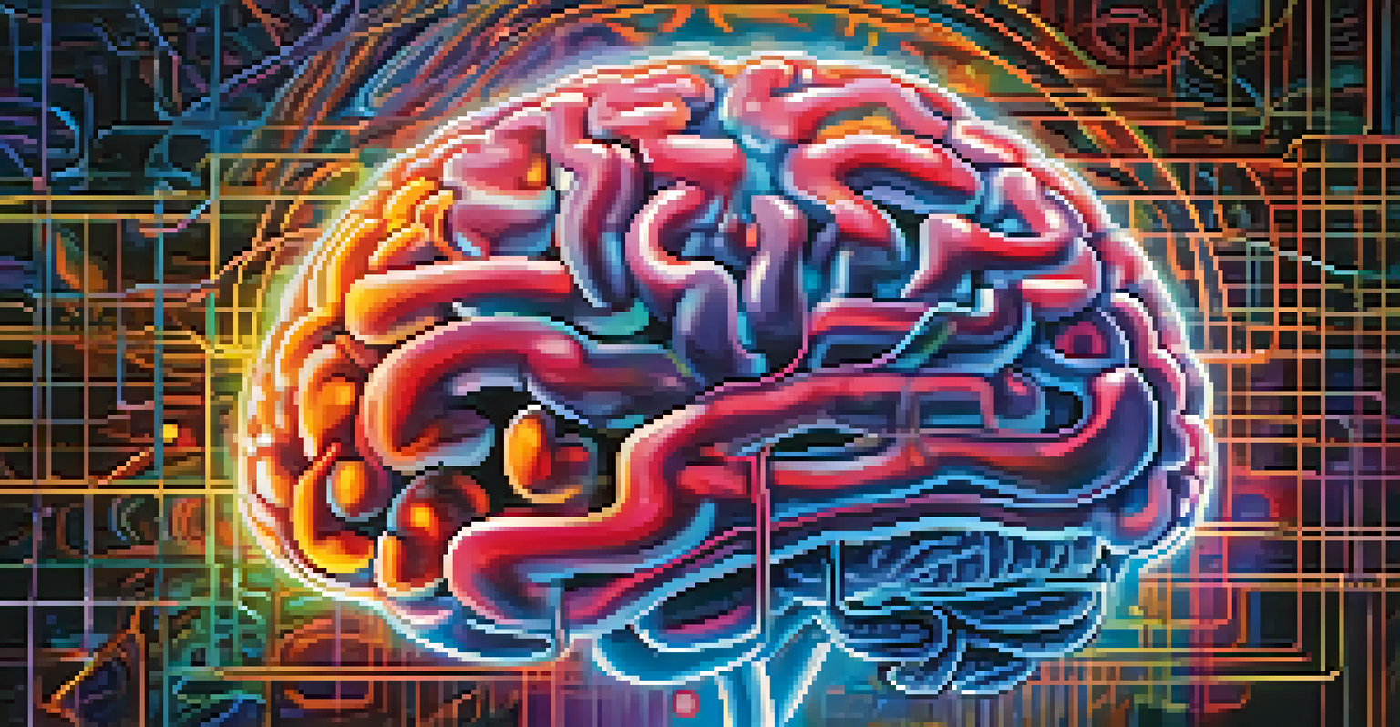 A colorful illustration of a brain showcasing neural pathways and serotonin receptors with abstract patterns in the background.
