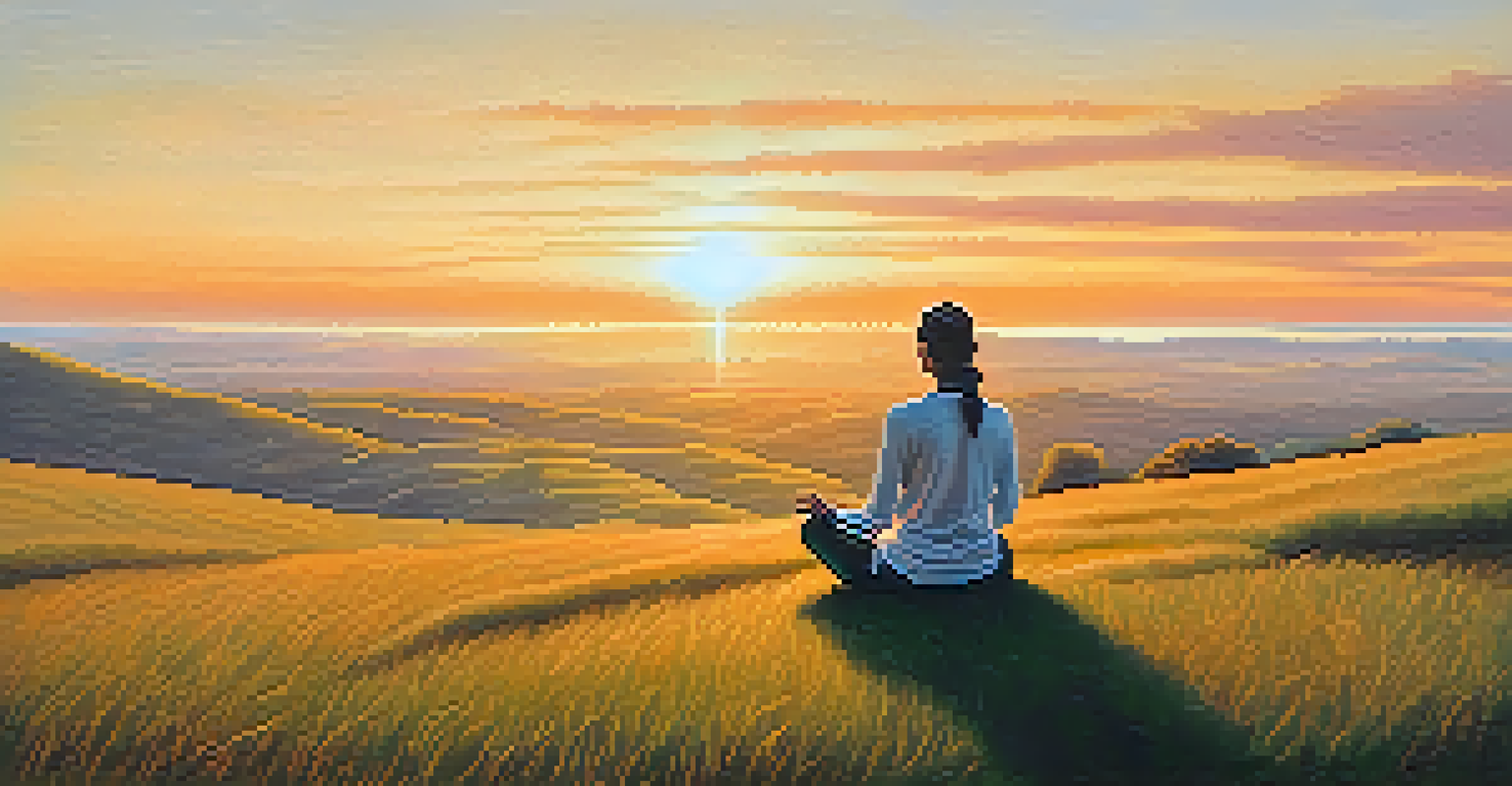 A person meditating on a hilltop at sunrise, illuminated by soft light representing neurotransmitters.