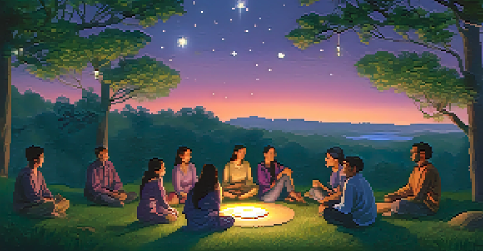 A diverse group of people sitting in a circle in a forest during twilight, illuminated by lanterns, sharing their experiences.