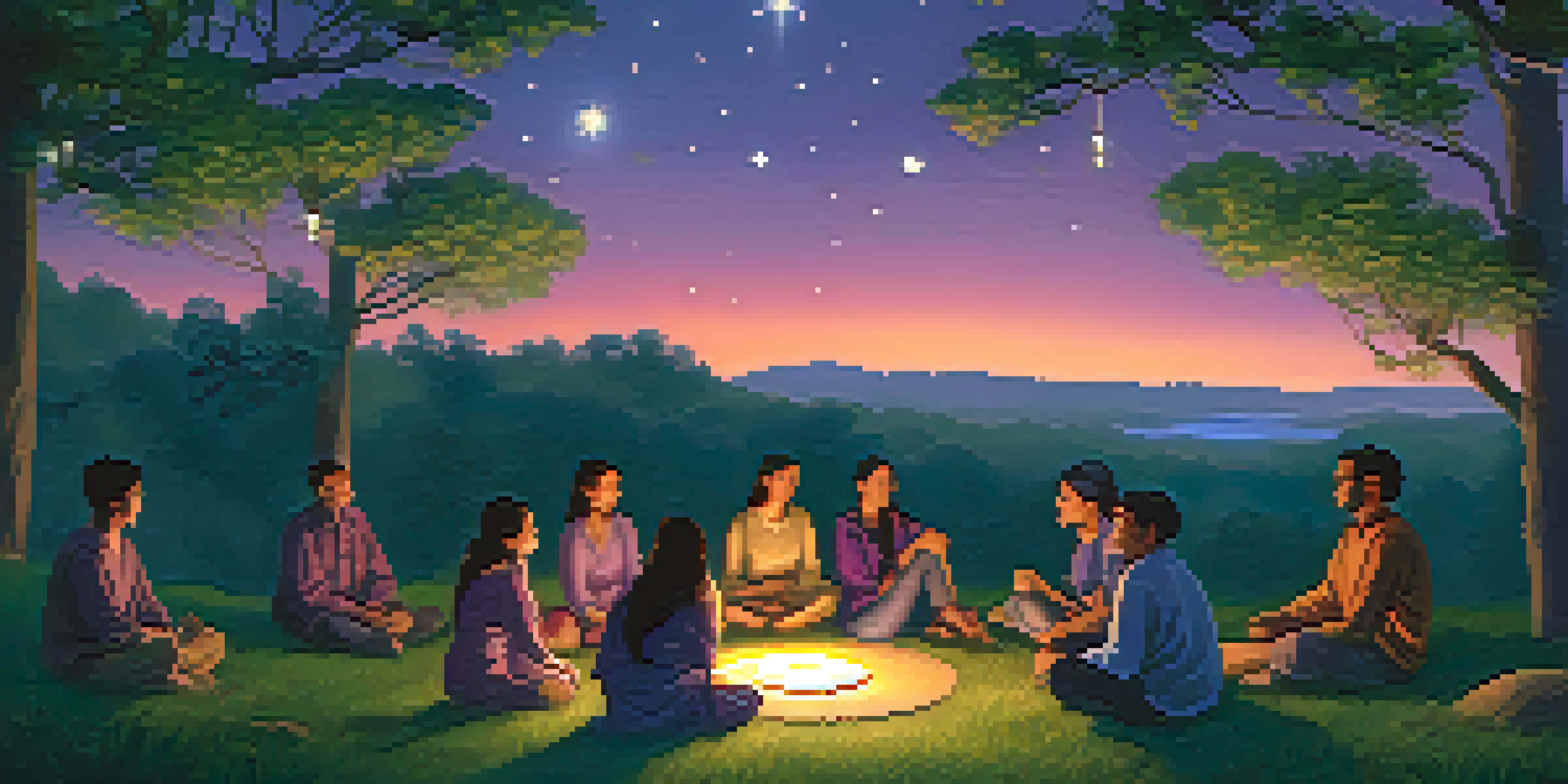 A diverse group of people sitting in a circle in a forest during twilight, illuminated by lanterns, sharing their experiences.