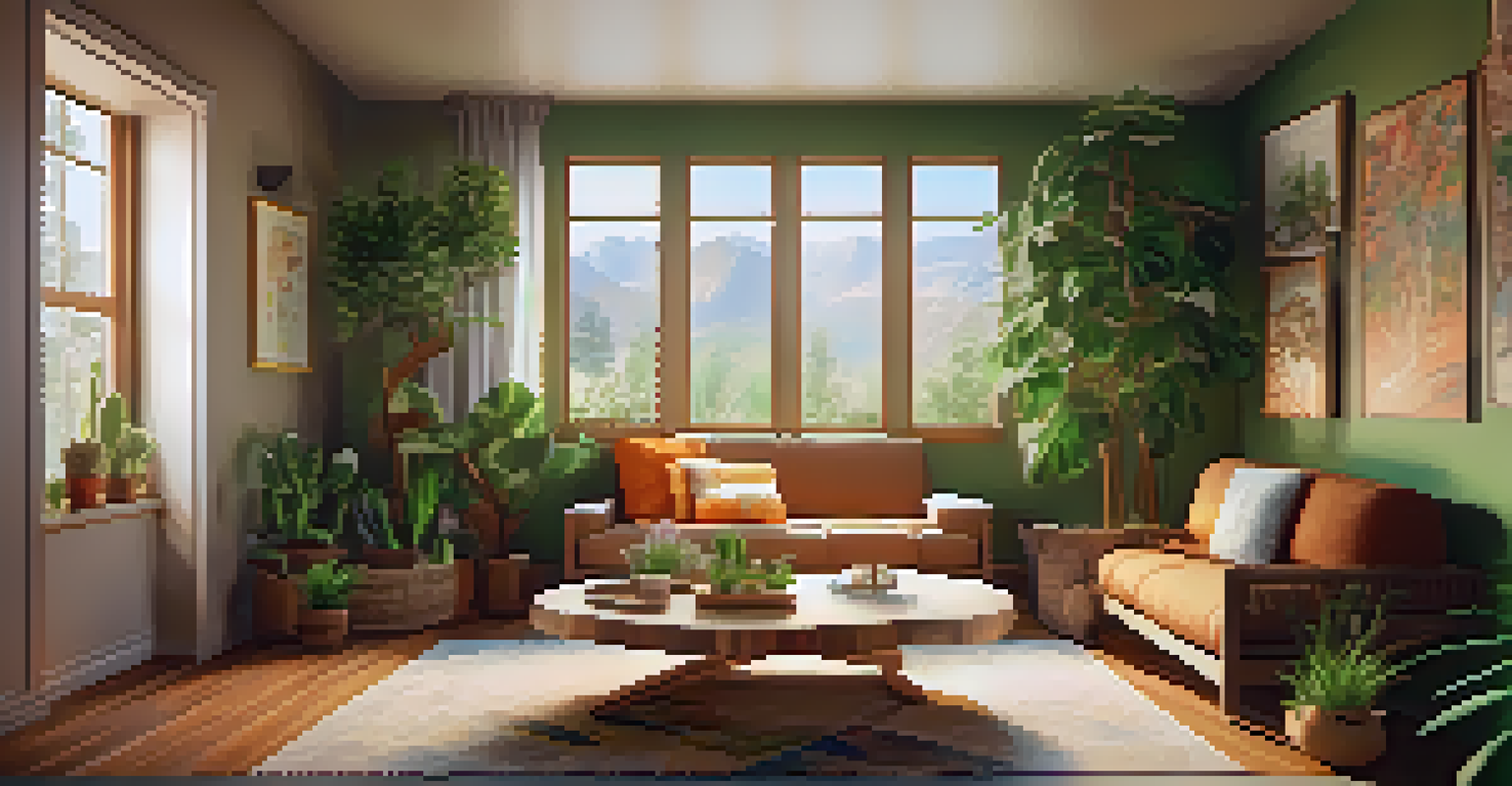 A cozy therapy room with a comfortable couch, soft lighting, and nature-themed artwork, designed for psychedelic therapy.