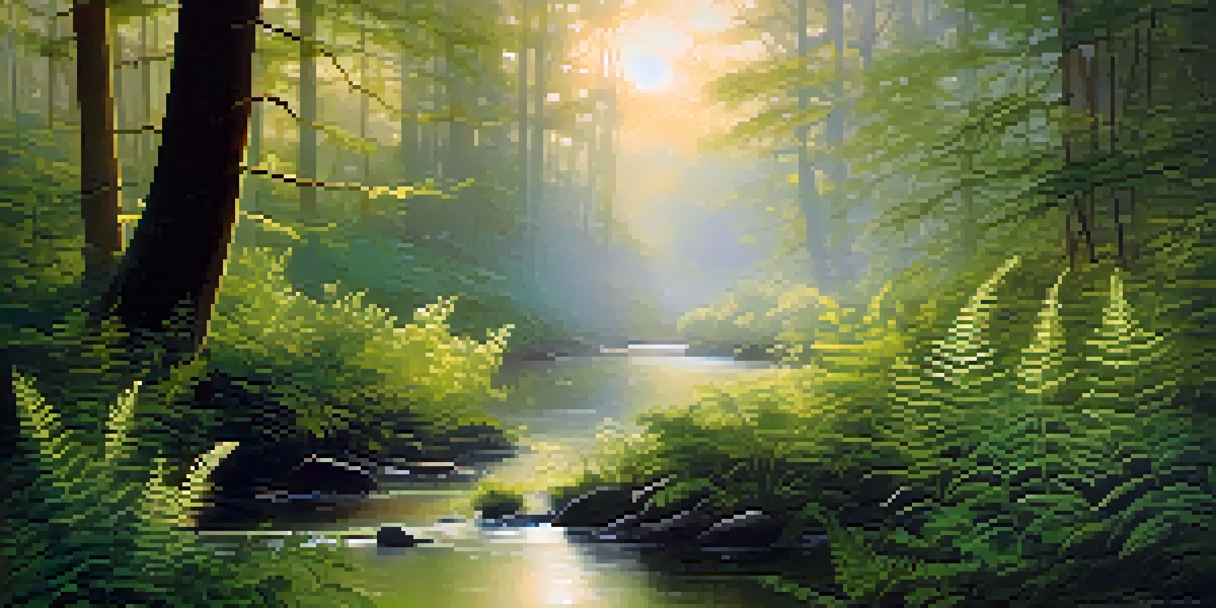 A tranquil forest at dawn, with sunlight filtering through trees and mist rising from the ground, creating a peaceful and serene atmosphere.