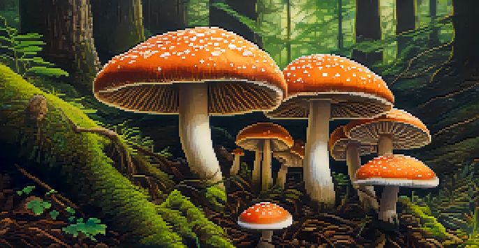 A close-up image of colorful psilocybin mushrooms growing in a forest setting, surrounded by green moss and softly illuminated by sunlight.