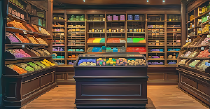 A cozy interior of a Dutch smart shop filled with colorful hallucinogenic truffles on wooden shelves, bathed in soft ambient light.