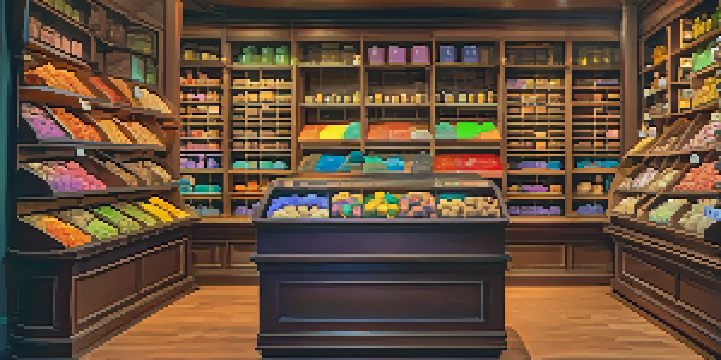 A cozy interior of a Dutch smart shop filled with colorful hallucinogenic truffles on wooden shelves, bathed in soft ambient light.
