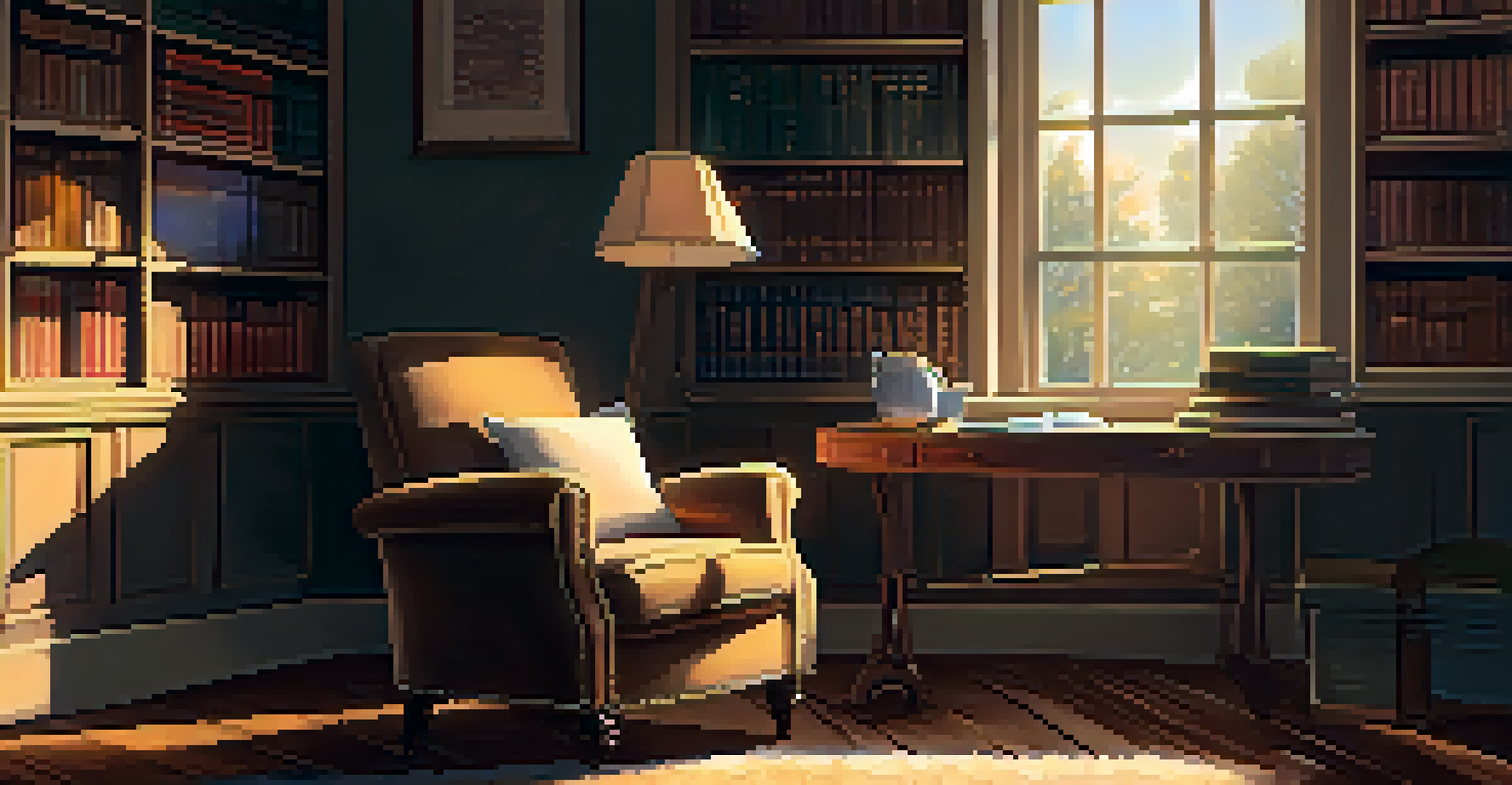 A cozy study room with bookshelves, warm lighting, an armchair, and a table with tea and an open notebook.