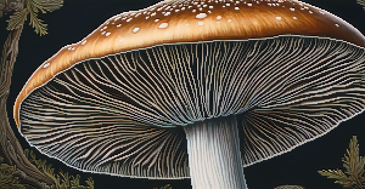 A close-up view of a psilocybin mushroom highlighting its textures and colors against a dark backdrop.